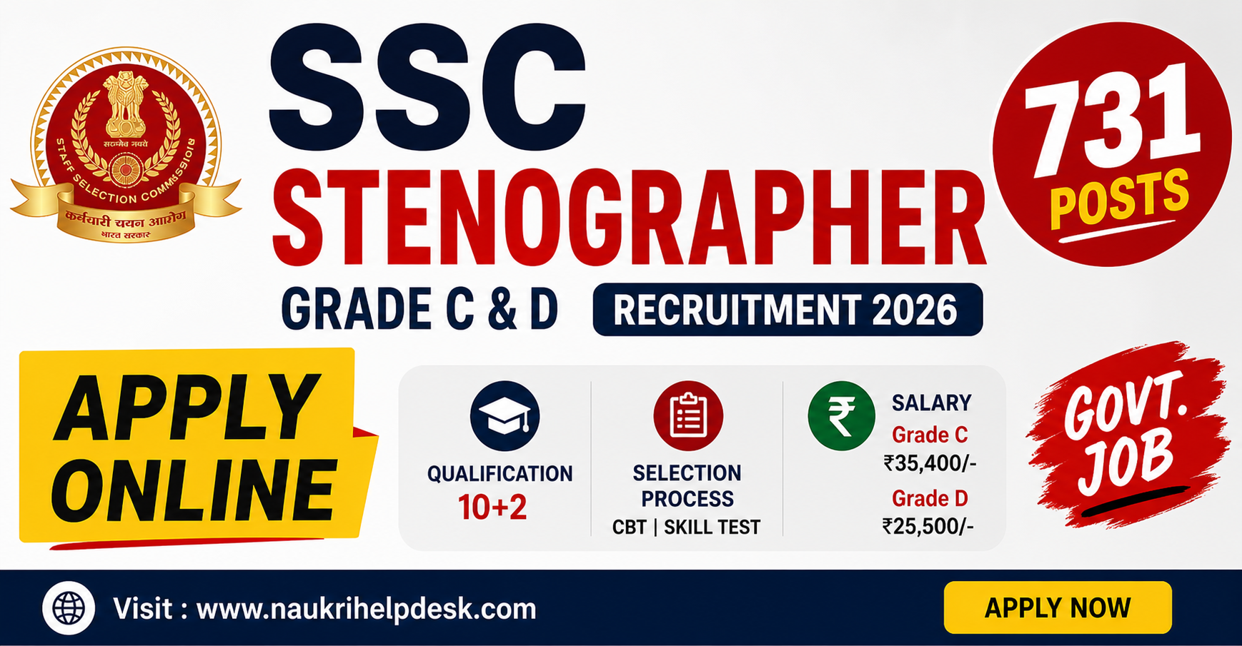 SSC Stenographer Grade C and D Recruitment 2026 Apply Online for 731 Post
